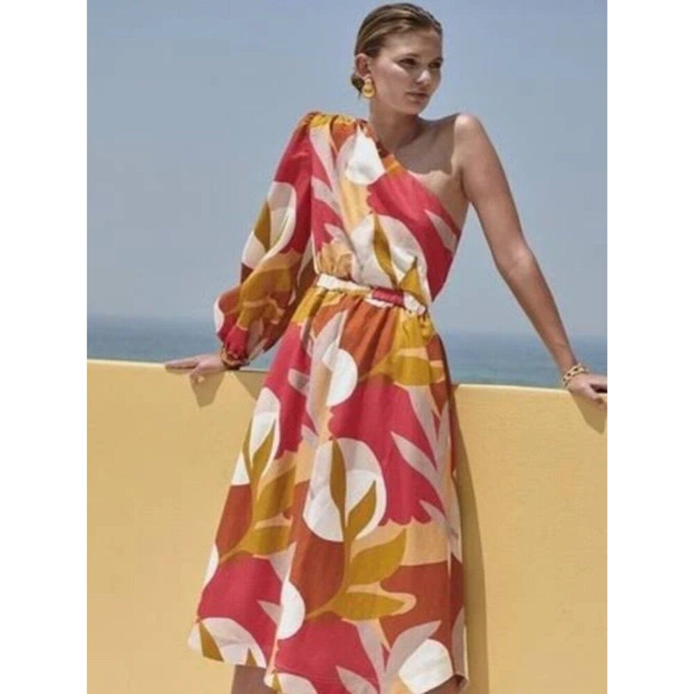 REBECCA VALLANCE Women’s Sangria Printed One Shoulder Linen Midi Dress Size 10